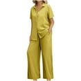 thumbnail image 1 of ZQUUVOU Women's Summer 2 Piece Sets Short Sleeve Collar Button Shirts Wide Leg Pants Set with Pockets 2 Piece Outfit Yellow, 1 of 8