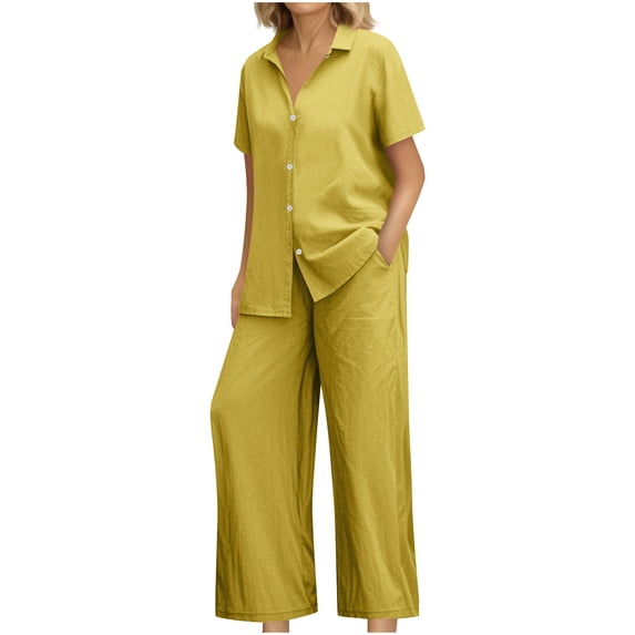 ZQUUVOU Women's Summer 2 Piece Sets Short Sleeve Collar Button Shirts Wide Leg Pants Set with Pockets 2 Piece Outfit Yellow