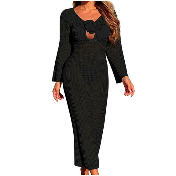 ZQUUVOU Women's Summer Beach Cover Up Dress Long Sleeve V Neck Solid Color Crochet Lace Up Sun Protection Dress Black