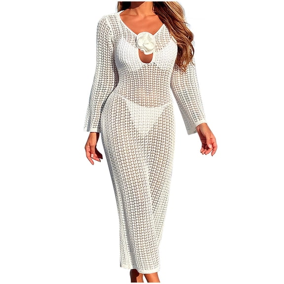 ZQUUVOU Women's Summer Beach Cover Up Dress Long Sleeve V Neck Solid Color Crochet Lace Up Sun Protection Dress White