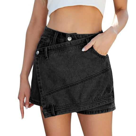 ZQUUVOU Women's Summer Casual Denim Skirt Solid Color Button Irregular Pocket A Line Loose Jean Mini Skirt Black