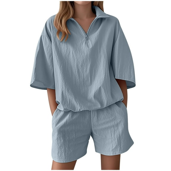 ZQUUVOU Women's Summer Casual Solid Color Short Sleeved Shorts Two-Piece Set(Light Blue,2XL)