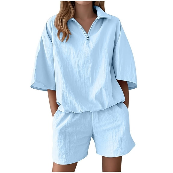 ZQUUVOU Women's Summer Casual Solid Color Short Sleeved Shorts Two-Piece Set(Sky Blue,2XL)