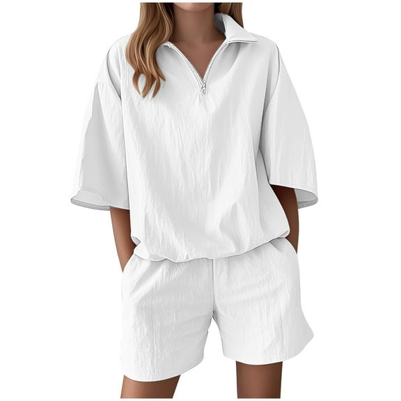 ZQUUVOU Women's Summer Casual Solid Color Short Sleeved Shorts Two-Piece Set(White,S)