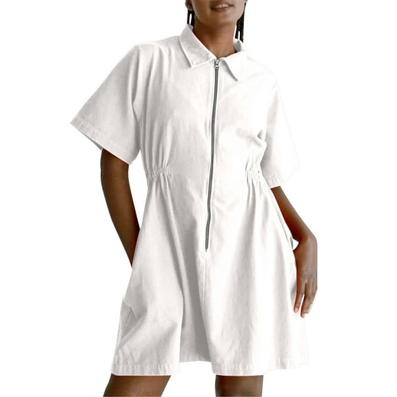 ZQUUVOU Women's Summer Dress Short Sleeve Comfortable Knee Length Outfit Daily Zip Collared Shirt Dress White