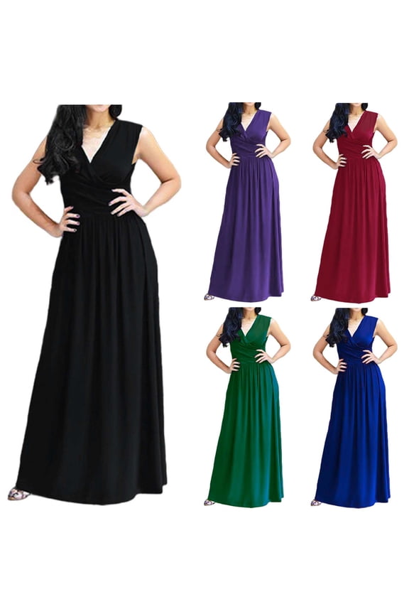 Women's Summer Evening Gown Sleeveless V Neck Belted Waist Maxi Formal Dress Wedding Guest Gala Party Purple