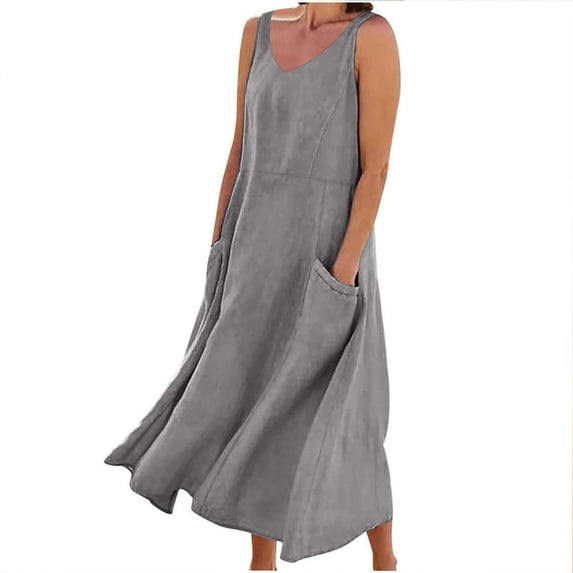 ZQUUVOU Women's Summer Flowy Dress Round Neck Linen Maxi Dress Solid Color Sleeveless Casual Long Tank Dress with Pockets Gray