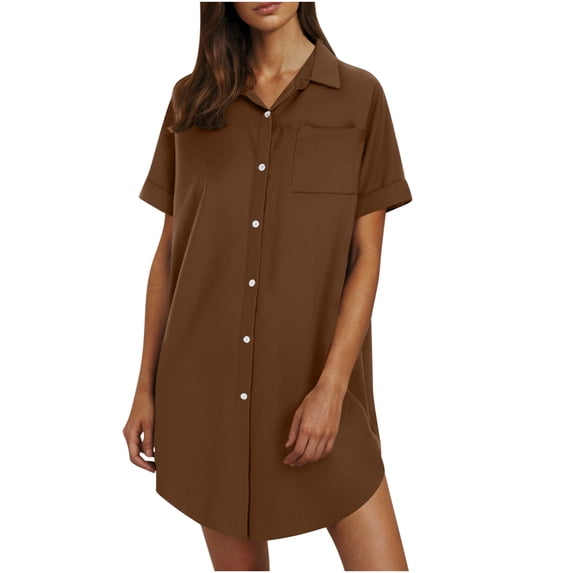ZQUUVOU Women's Summer Shirt Dress Button Down Collared Mini Dresses Linen Short Sleeve Casual T-shirt Dress Coffee