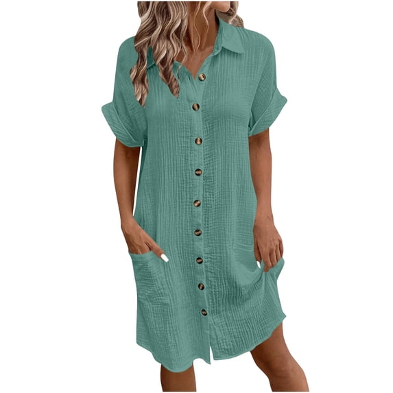 ZQUUVOU Women's Summer Short Sleeve Dress Deep V Neck Button Down Front Knee Length Casual Outfit Office Wear Green