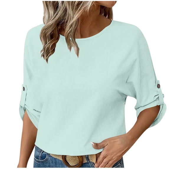 Zwiiyzr Women's Summer T-Shirts 3/4 Sleeve Round-Neck Solid Color Tops(Sky Blue,M)