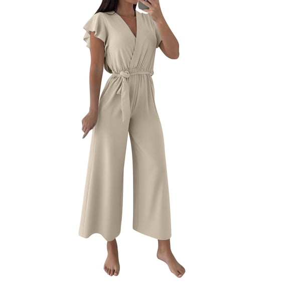 ZQUUVOU Women's Summer V Neck Jumpsuit Loose Waist Tie Belt Wide Leg Romper One Piece Outfit for Beach Vacation Khaki
