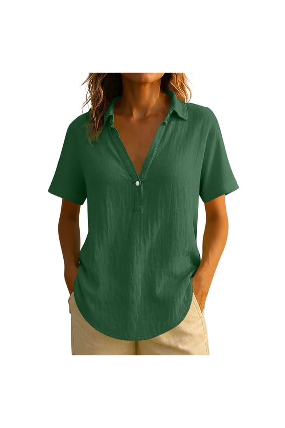 Women's Summer V Neck Shirts Cotton Linen Fashion Casual Collar Short Sleeve Blouse Tops Comfortable Breathable Olive Green