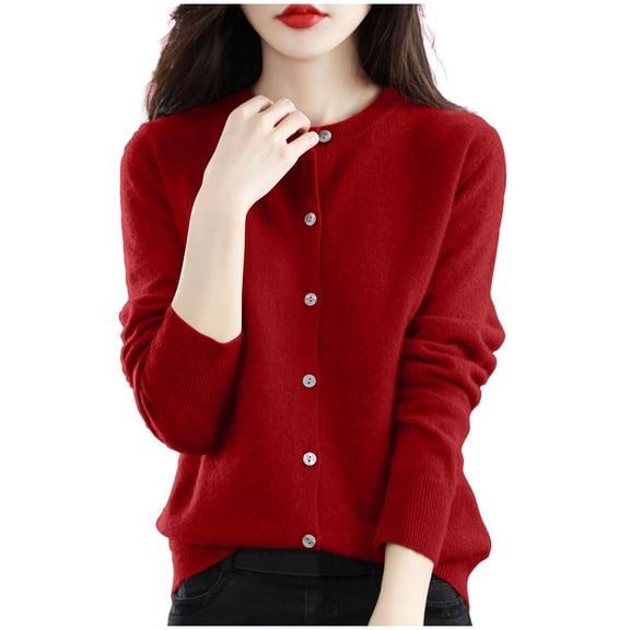 ZQUUVOU Women's Sweater Cardigan Solid Color Long Sleeve Round Neck Knitted Sweater Top (Red,L)