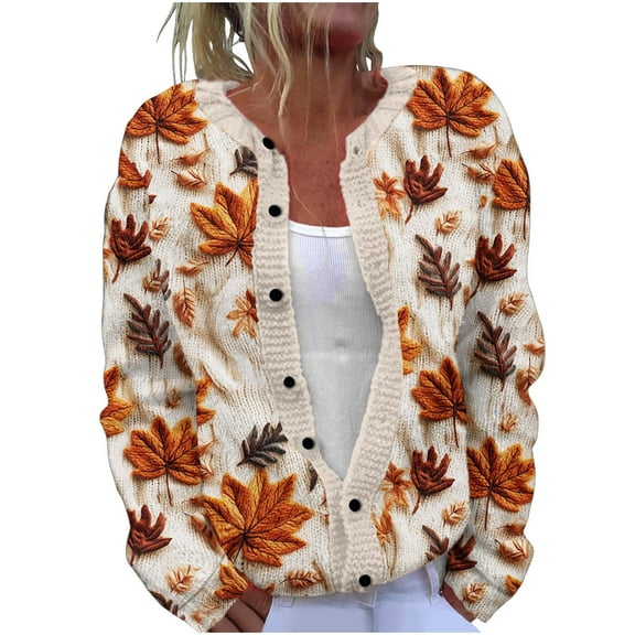 ZQUUVOU Women's Sweater Casual Printed Knitted Cardigan Button Coat (Orange,4XL)