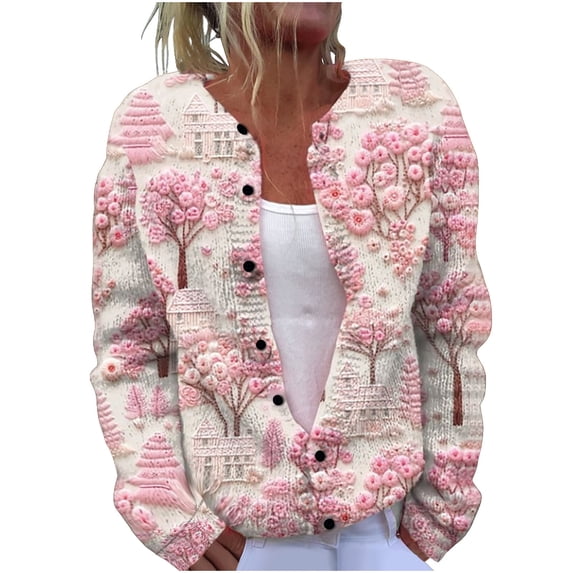 ZQUUVOU Women's Sweater Casual Printed Knitted Cardigan Button Coat (Pink,M)
