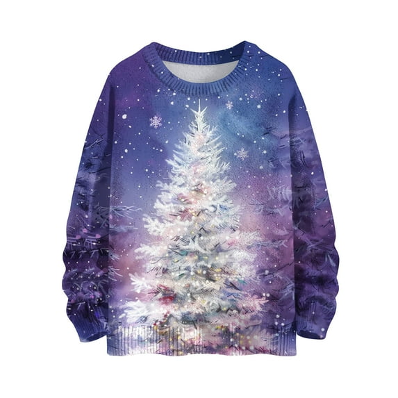 ZQUUVOU Women's Sweater Casual Round Neck Christmas Printed Long Sleeve Knitted Blouse (Purple,S)