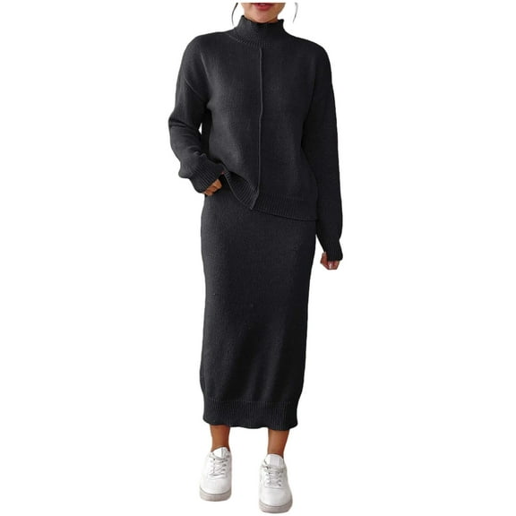 ZQUUVOU Women's Sweater Dress Knit 2 Piece Set Mock Neck Pullover Top with Bodycon Pencil Skirt Office Work Outfit Black