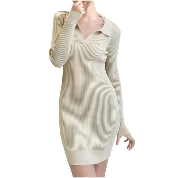 ZQUUVOU Women's Sweater Dress Knit Long Sleeve Collared Button Down Bodycon Midi Sweater Dress Casual Outfit Beige