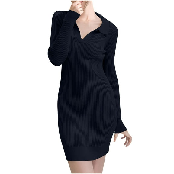 ZQUUVOU Women's Sweater Dress Knit Long Sleeve Collared Button Down Bodycon Midi Sweater Dress Casual Outfit Black