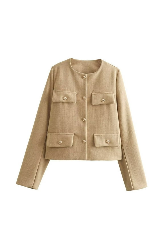 Women's Sweater Round Neck Long Sleeve Casual Coat Small Suit Cardigan Blazer (Khaki,M)
