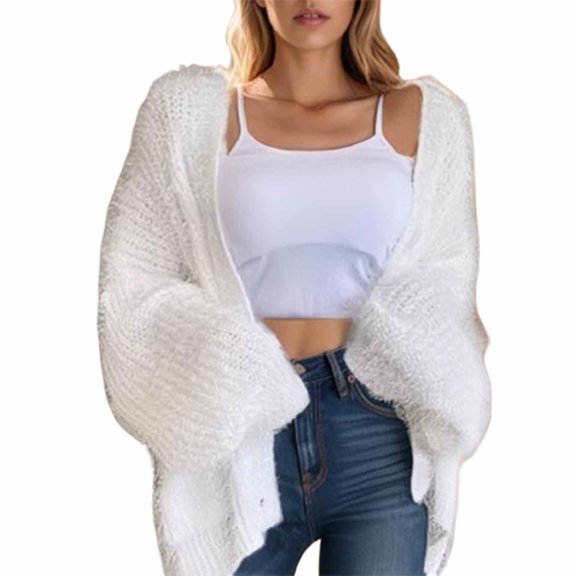 ZQUUVOU Women's Sweater Solid Color Furry Loose Pocket Knitted Cardigan Jacket (White,M)