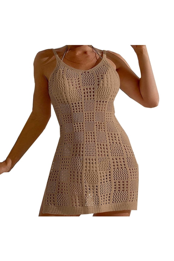 Women's Swimsuit Cover Up Spaghetti Strap Round Neck Sleeveless Mini Dress Sheer Mesh Beach Kimono Resort Vacation Wear Khaki