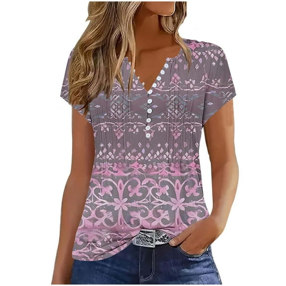 ZQUUVOU Women's T-Shir Casual Floral Printed Henley V-Neck Button Up Short Seeved Blouses Pink (3XL)