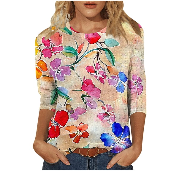 ZQUUVOU Women's T-Shirt 3/4 Short Sleeve Loose Elastic Printing Blouse F-Khaki (XL)