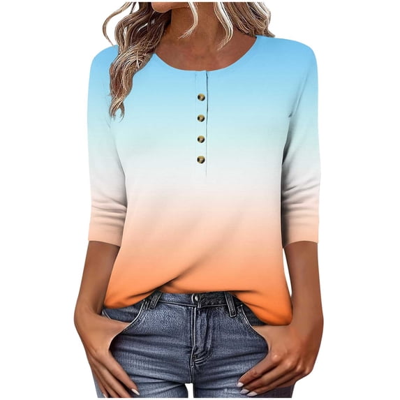 Zwiiyzr Women's T-Shirt 3/4 Sleeve Crew Neck Button Loose Tops Orange (L)