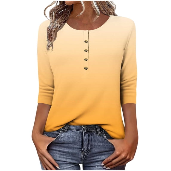 Zwiiyzr Women's T-Shirt 3/4 Sleeve Crew Neck Button Loose Tops Yellow (2XL)
