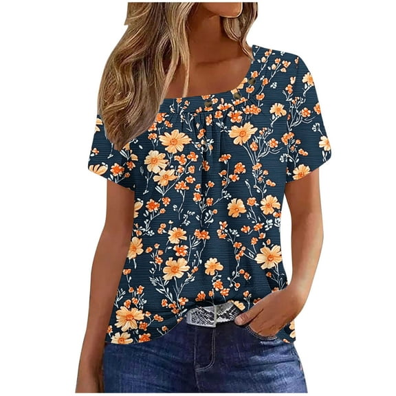 ZQUUVOU Women's T-Shirt Button Front Pleated Short Sleeved Blouse C-Black (2XL)