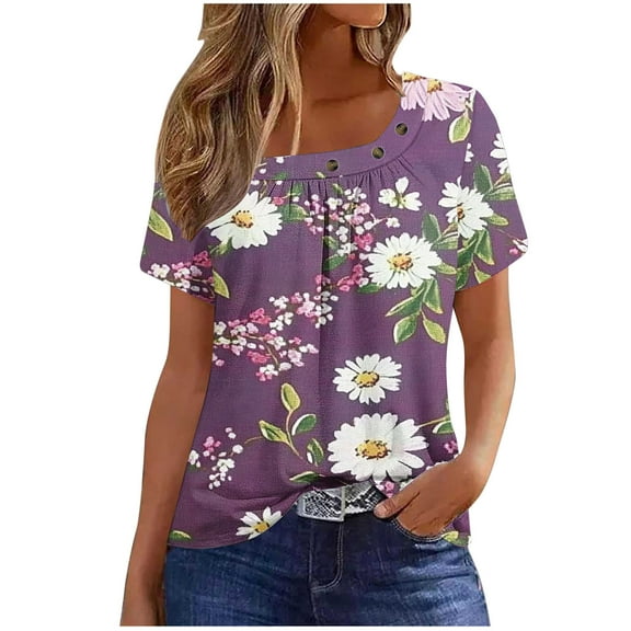 ZQUUVOU Women's T-Shirt Button Front Pleated Short Sleeved Blouse F-Purple (S)