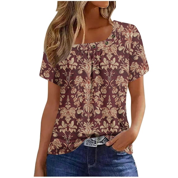 ZQUUVOU Women's T-Shirt Button Front Pleated Short Sleeved Blouse G-Orange (2XL)