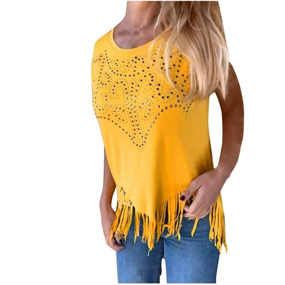 ZQUUVOU Women's T-Shirt Casua Solid Color Round Neck Short Sleeve Tassle Hem Blouse Yellow (5XL)