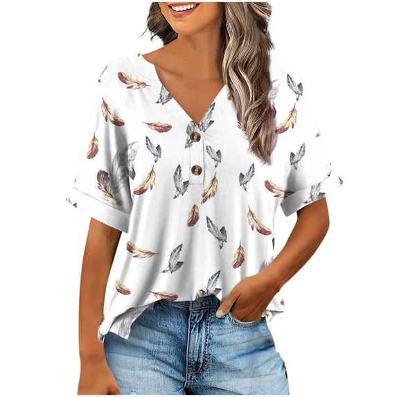 ZQUUVOU Women's T-Shirt Casual Button V-Neck Loose Elastic Printed Blouse A-White (2XL)