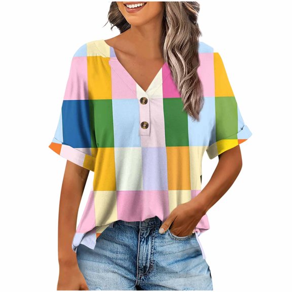 ZQUUVOU Women's T-Shirt Casual Button V-Neck Loose Elastic Printed Blouse D-Yellow (S)