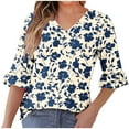 thumbnail image 1 of ZQUUVOU Women's T-Shirt Casual Printed Floral 3/4 Sleeve V-Neck Ruffle Blouse A-Beige (S), 1 of 6