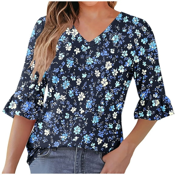 ZQUUVOU Women's T-Shirt Casual Printed Floral 3/4 Sleeve V-Neck Ruffle Blouse F-Blue (XL)