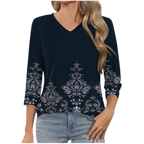 ZQUUVOU Women's T-Shirt Casual Printed Floral V-Neck 3/4 Sleeve Blouse H-Navy (L)