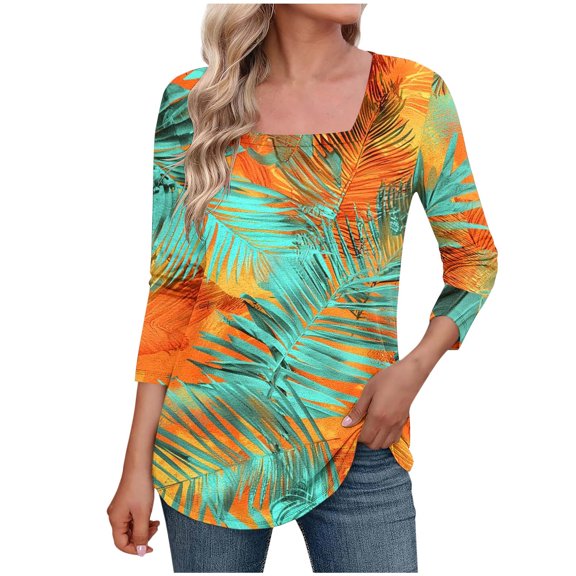 ZQUUVOU Women's T-Shirt Casual Printed Square Neck 3/4 Sleeve Tunic Blouse E-Orange (L)