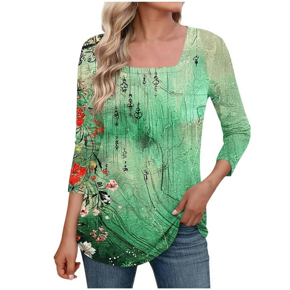 ZQUUVOU Women's T-Shirt Casual Printed Square Neck 3/4 Sleeve Tunic Blouse H-Green (L)