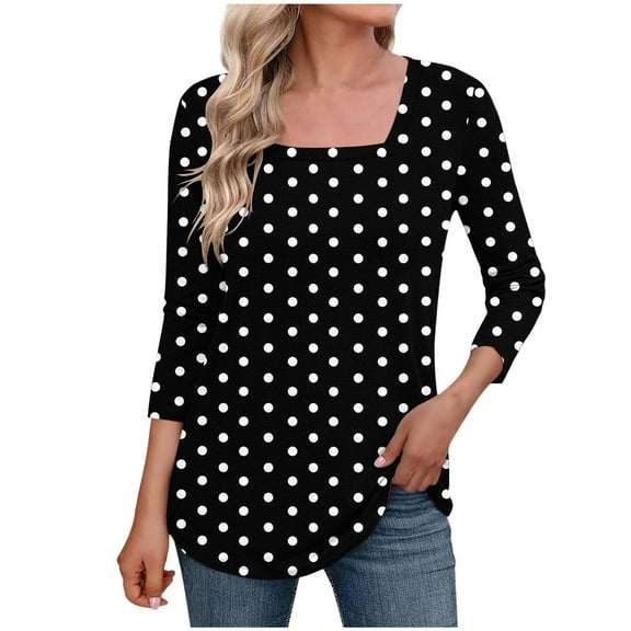 ZQUUVOU Women's T-Shirt Casual Square Neck 3/4 Sleeve Blouse Black (L)