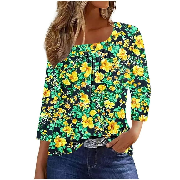 ZQUUVOU Women's T-Shirt Crew Neck 3/4 Sleeved Blouse Printed Blouse Green (L)