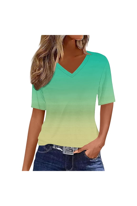 Women's T-Shirt Gradient Print Short Sleeved V-Neck Blouse Green (M)