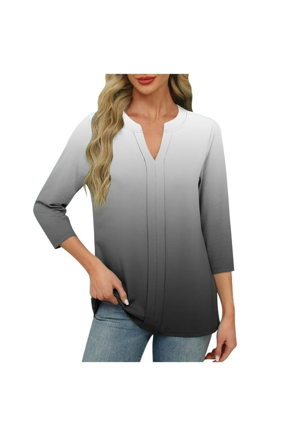 Women's T-Shirt Gradient V-Neck 3/4 Sleeve Blouse Black (2XL)