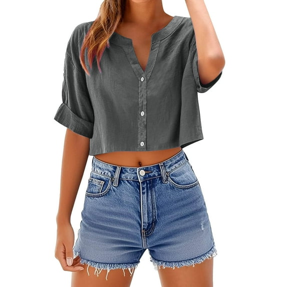 ZQUUVOU Women's T-Shirt Half Sleeve Button Down Summer Loose Blouse Gray (2XL)