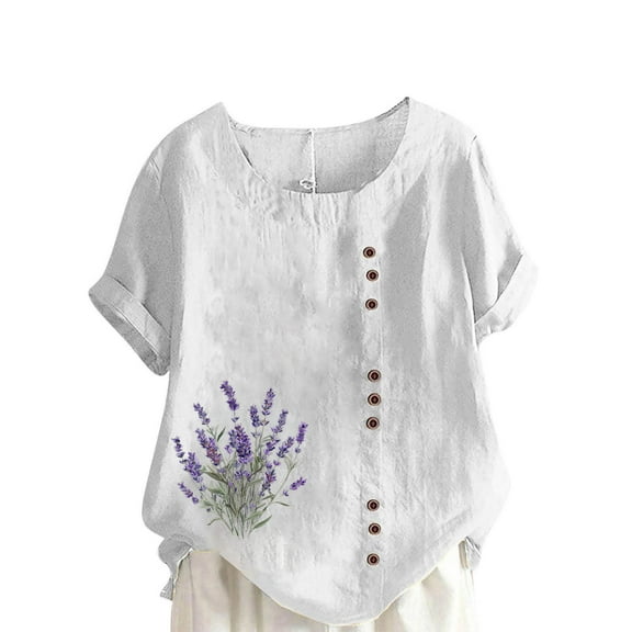 ZQUUVOU Women's T-Shirt Linen Round-Neck Short Sleeve Button T-Shirt Blouse White (L)