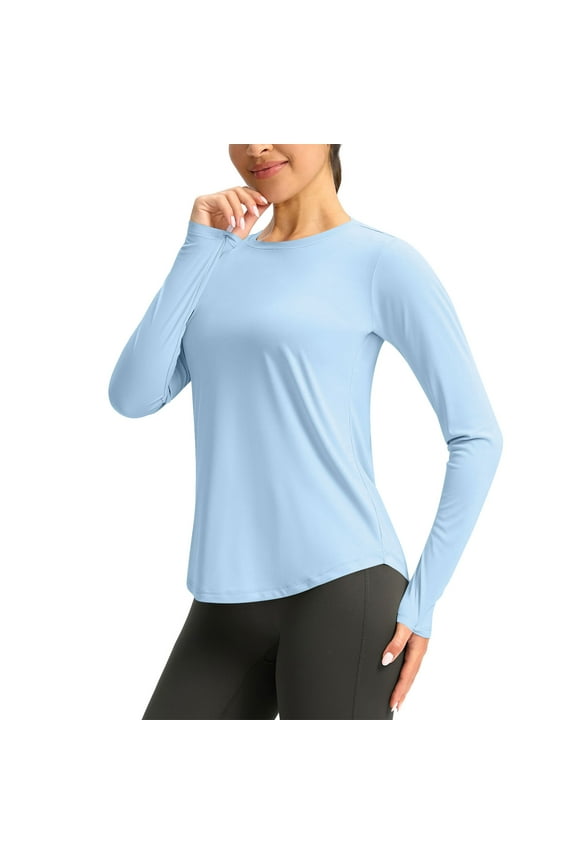 Women's T-Shirt Long Sleeve Loose Solid Color Crew-Neck Blouse Light Blue (XL)