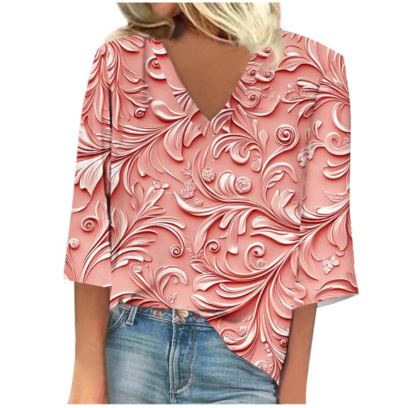 ZQUUVOU Women's T-Shirt Long Sleeve Summer V Neck Printed Blouse Red (XL)