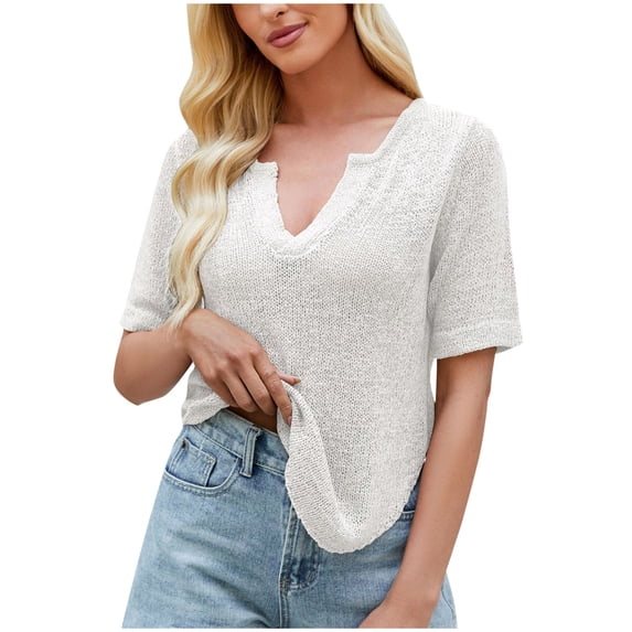 Zwiiyzr Women's T-Shirt Loose Solid Color V-Neck Short Sleeved Blouse White (L)